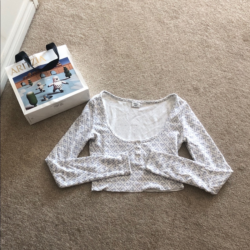 Aritzia Cream Patterned Henley Long-sleeve